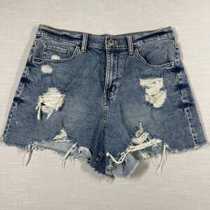 SO Jean Shorts Women 31 Blue Tattered Boyfriend High Casual Holes Ripped Fringe